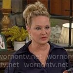 Sharon’s navy satin button down blouse on The Young and the Restless Sharon’s navy satin button down blouse on The Young and the Restless