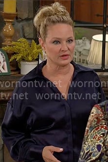 Sharon’s navy satin button down blouse on The Young and the Restless Sharon’s navy satin button down blouse on The Young and the Restless