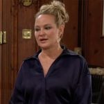 Sharon’s navy satin button down blouse on The Young and the Restless Sharon’s navy satin button down blouse on The Young and the Restless