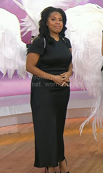 Sheinelle’s black v-neck satin dress on Today Sheinelle’s black v-neck satin dress on Today