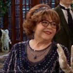 Shirley’s blue embellished dress at Sally and Billy’s wedding on The Young and the Restless