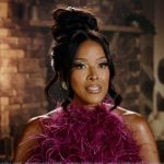 Stacey’s purple feather confessional dress on The Real Housewives of Potomac Stacey’s purple feather confessional dress on The Real Housewives of Potomac