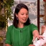 Steph Chen’s green contrast stitch dress on The View Steph Chen’s green contrast stitch dress on The View
