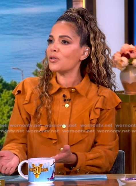 Sunny’s brown suede ruffle jacket on The View Sunny’s brown suede ruffle jacket on The View