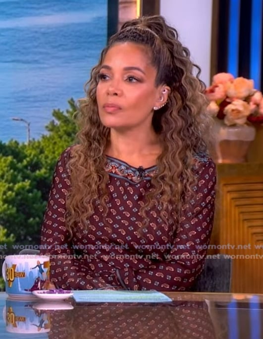 Sunny’s maroon paisley print maxi dress on The View Sunny’s maroon paisley print maxi dress on The View