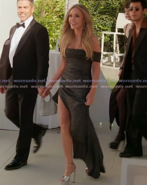 Tamra’s black sequin off shoulder dress on The Real Housewives of Orange County
