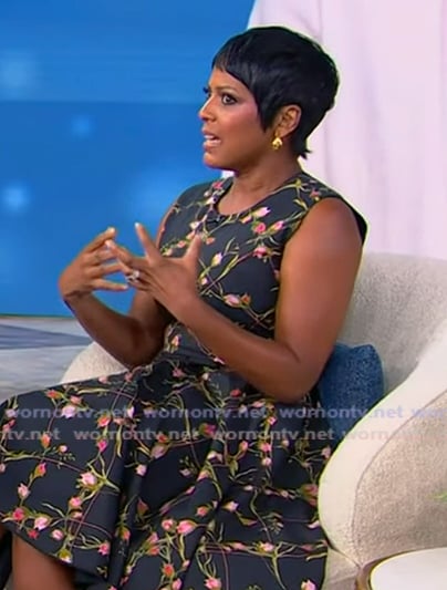Tamron’s black floral print dress on Tamron Hall Show Tamron’s black floral print dress on Tamron Hall Show