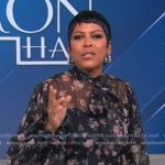 Tamron's black floral tie neck blouse on Tamron Hall Show Tamron's black floral tie neck blouse on Tamron Hall Show