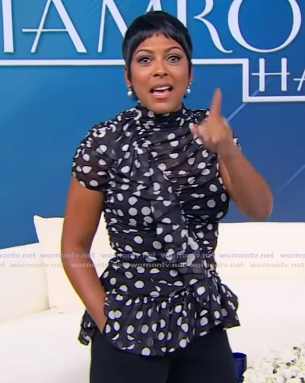 Tamron’s black polka dot ruffle top on Tamron Hall Show Tamron’s black polka dot ruffle top on Tamron Hall Show