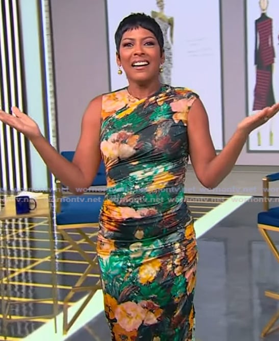 Tamron’s floral print ruched sleeveless dress on Tamron Hall Show
