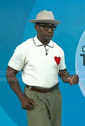 Taye Diggs’s white heart embroidered polo on Today Taye Diggs’s white heart embroidered polo on Today