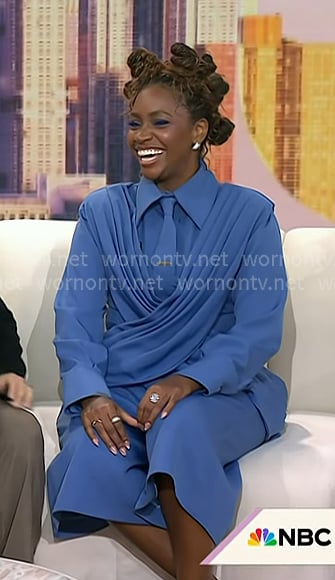 Teyonah Parris’s blue tie neck shrit and culottes on Today Teyonah Parris’s blue tie neck shrit and culottes on Today