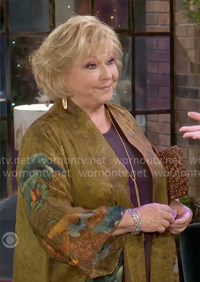 Traci's olive floral print kimono jacket on The Young and the Restless