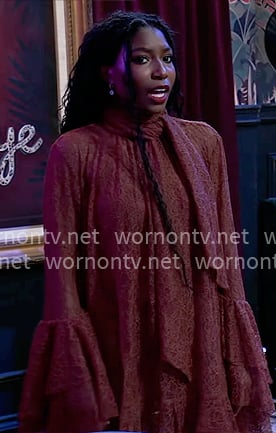 Trina’s brown lace dress on General Hospital Trina’s brown lace dress on General Hospital