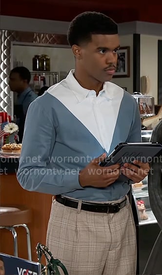 Tyrell's blue and white triangle shirt on Beyond the Gates
