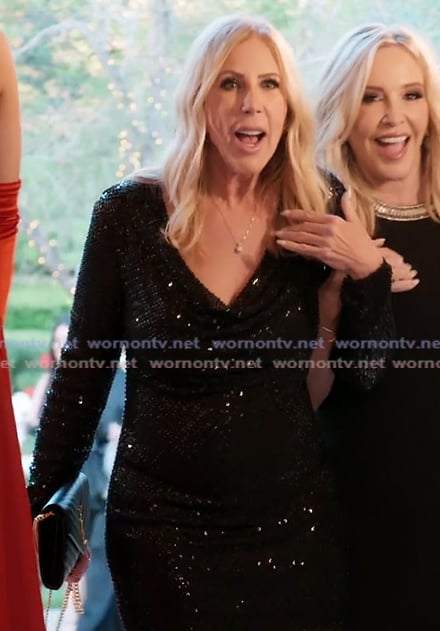 Vicki's black embellished drape dress on The Real Housewives of Orange County