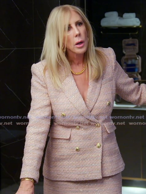 Vicki’s pink tweed jacket and mini skirt on The Real Housewives of Orange County Vicki’s pink tweed jacket and mini skirt on The Real Housewives of Orange County