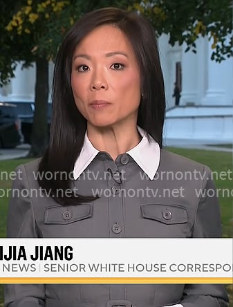 Weijia Jiang’s grey shirtdress with white collar on CBS Mornings Weijia Jiang’s grey shirtdress with white collar on CBS Mornings