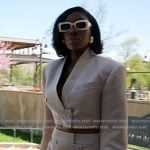 Wendy’s beige cropped blazer and mini skirt on The Real Housewives of Potomac