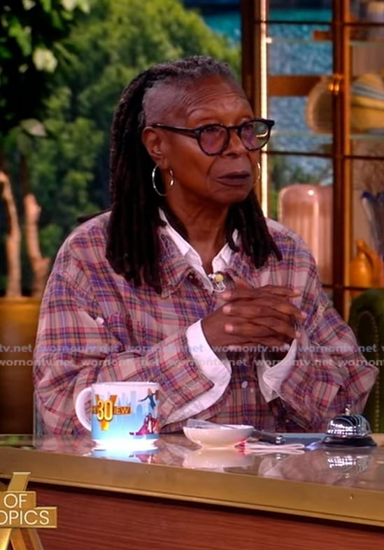 Whoopi’s embroidered jeans and plaid shirt on The View Whoopi’s embroidered jeans and plaid shirt on The View