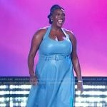 Wunmi Mosaku's blue leather belted dress on The Jennifer Hudson Show