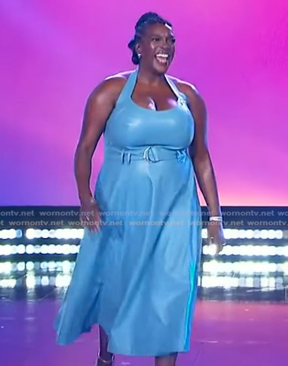 Wunmi Mosaku’s blue leather belted dress on The Jennifer Hudson Show Wunmi Mosaku’s blue leather belted dress on The Jennifer Hudson Show