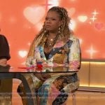 Yamaneika Saunders's patchwork print blazer and pants on The Drew Barrymore Show Yamaneika Saunders's patchwork print blazer and pants on The Drew Barrymore Show